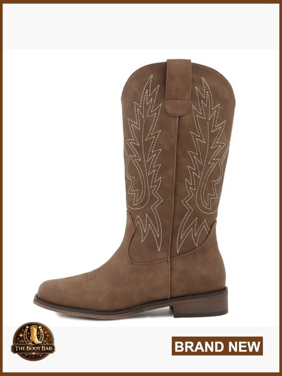 UngA Womens Cowboy Boots Mid Calf Cowgirl Boots Square Toe  Square Toe Cowgirl Boots with Embroidery, Mid Calf Pull On Chunky Heel Western